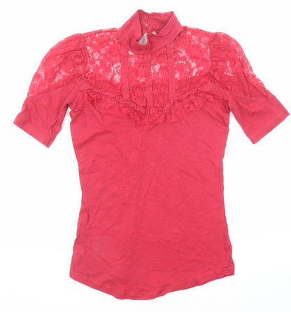Miss Selfridge Womens Pink Cotton Basic Blouse Size 8 High Neck - Lace Detail
