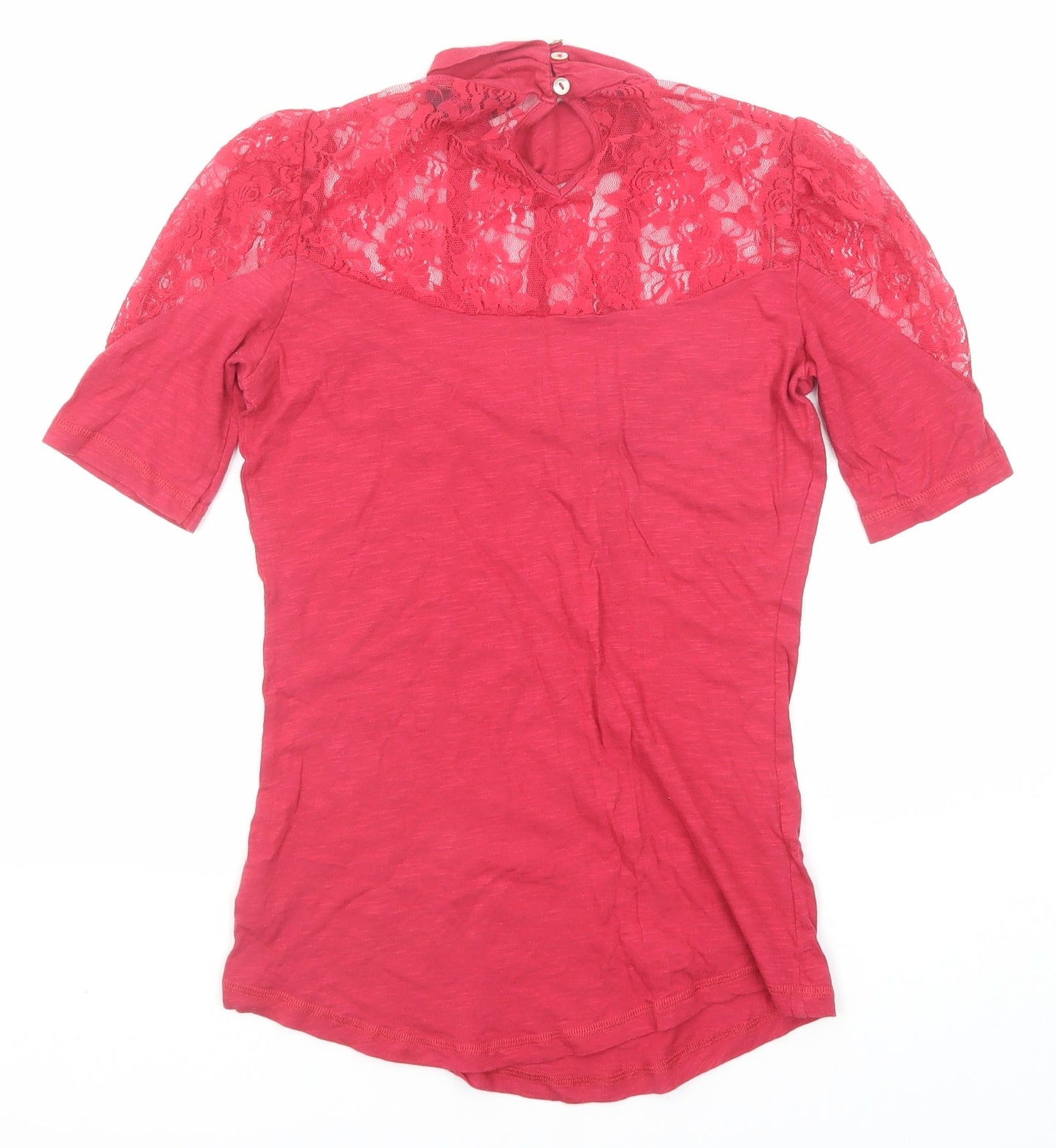 Miss Selfridge Womens Pink Cotton Basic Blouse Size 8 High Neck - Lace Detail