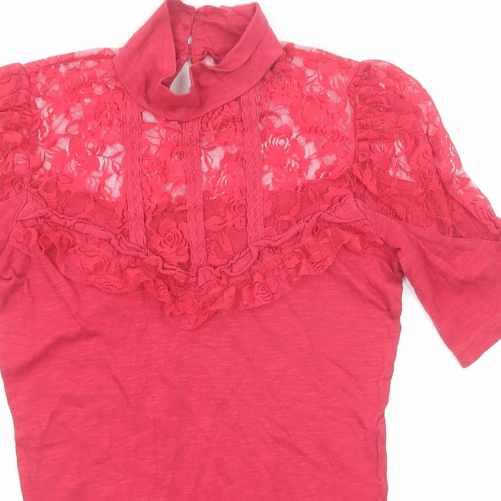 Miss Selfridge Womens Pink Cotton Basic Blouse Size 8 High Neck - Lace Detail