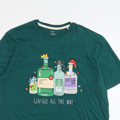 Marks and Spencer Mens Green Cotton T-Shirt Size M Round Neck - Gin-gle All The Way
