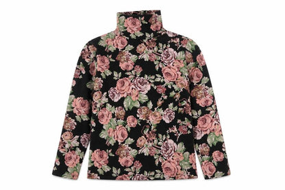 Front view of Next girls’ black floral cotton basic t-shirt, size 10, years roll neck pullover