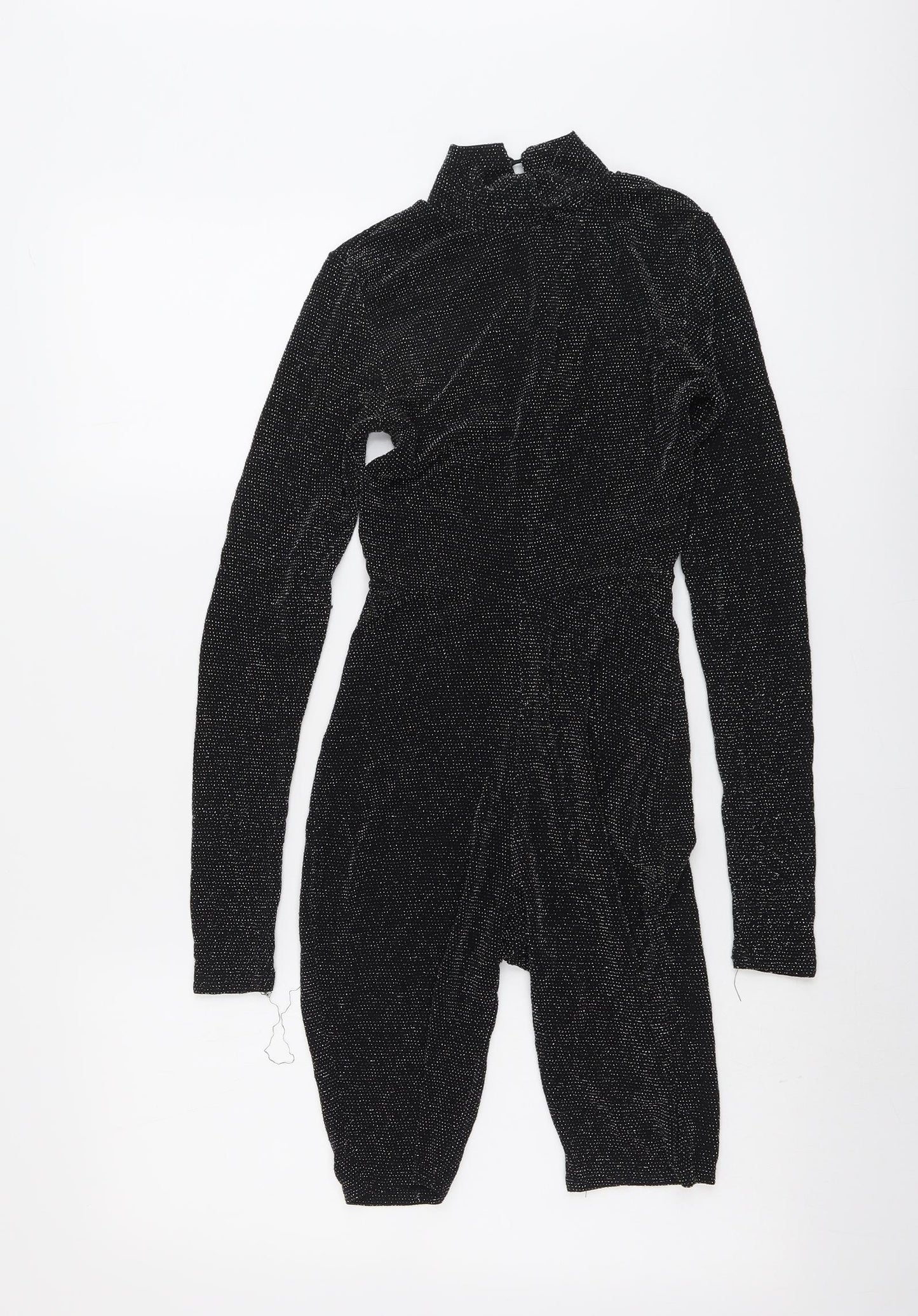 PRETTYLITTLETHING Womens Black Geometric Polyester Playsuit One-Piece Size 6 Button - Open Back