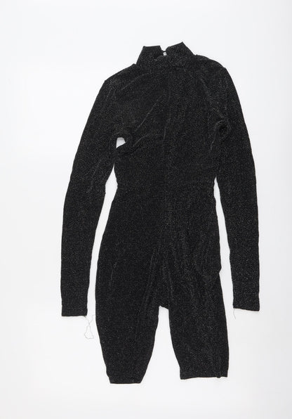 PRETTYLITTLETHING Womens Black Geometric Polyester Playsuit One-Piece Size 6 Button - Open Back