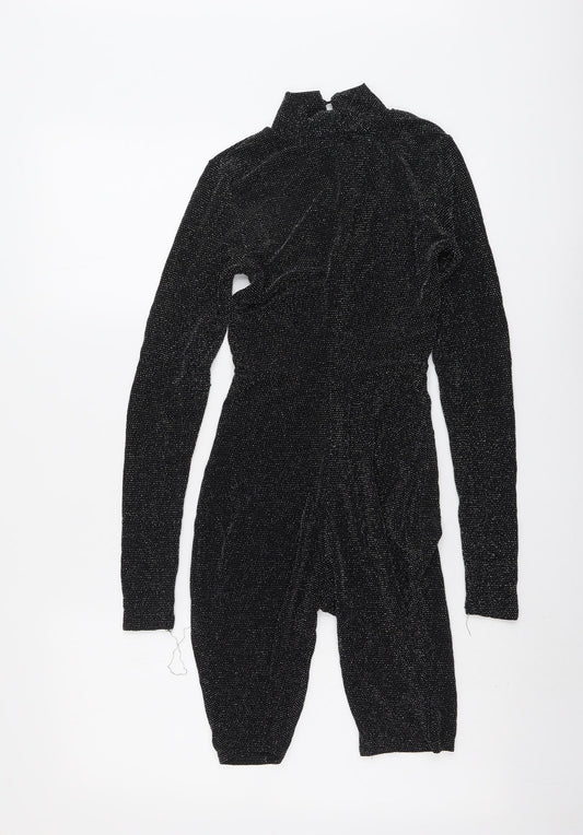 PRETTYLITTLETHING Womens Black Geometric Polyester Playsuit One-Piece Size 6 Button - Open Back