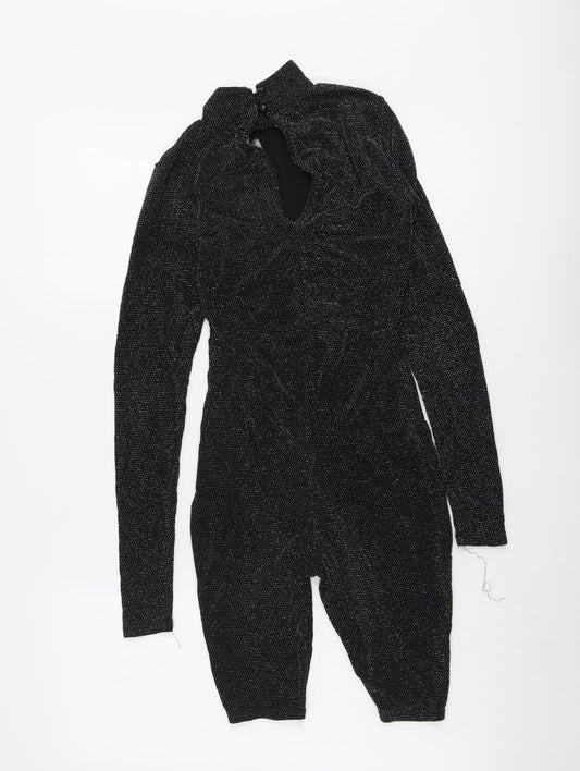 PRETTYLITTLETHING Womens Black Geometric Polyester Playsuit One-Piece Size 6 Button - Open Back