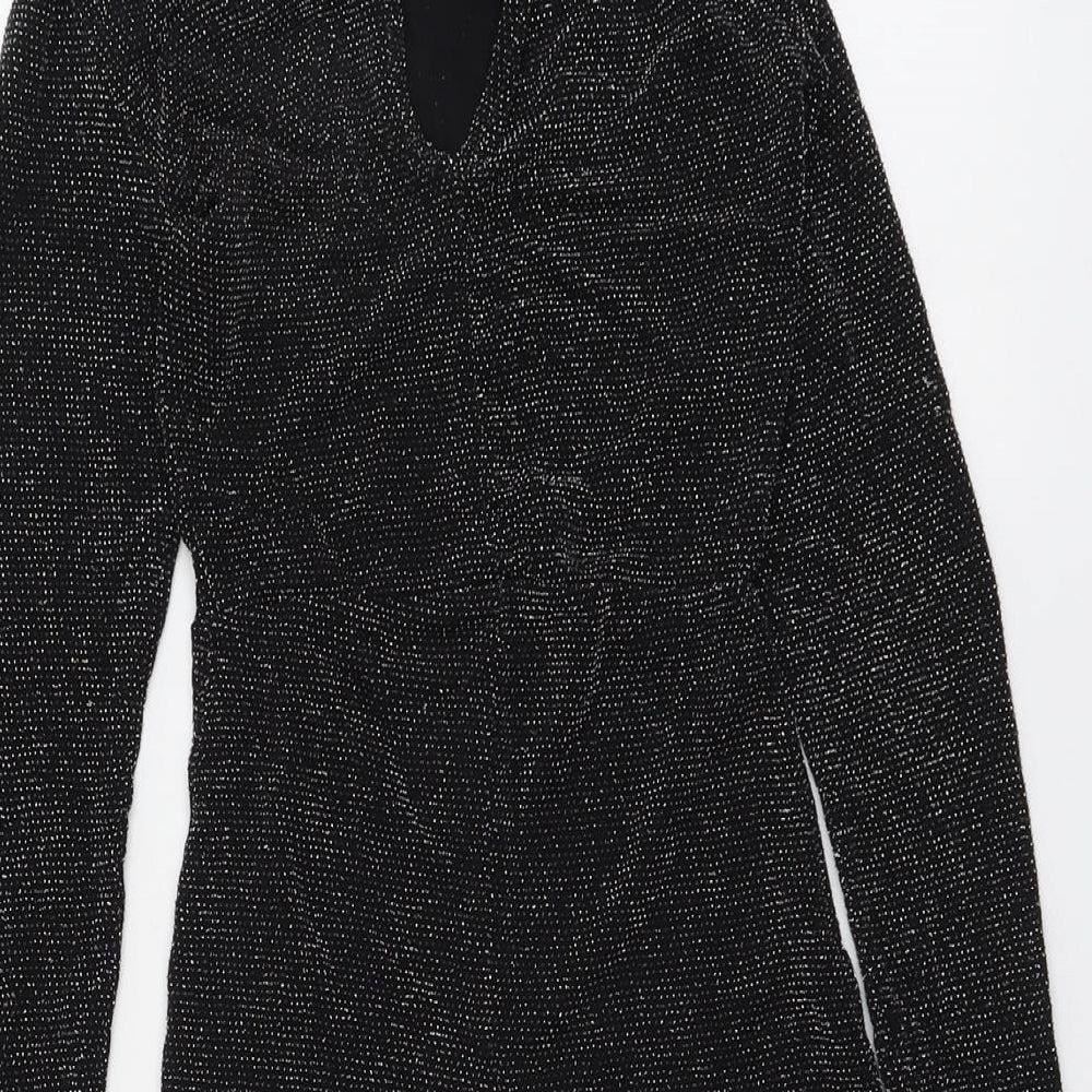 PRETTYLITTLETHING Womens Black Geometric Polyester Playsuit One-Piece Size 6 Button - Open Back