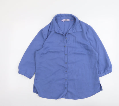EWM Womens Blue Polyester Basic Button-Up Size 14 Collared