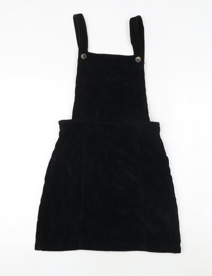 Topshop Womens Black 100% Cotton Pinafore/Dungaree Dress Size 4 Square Neck Button
