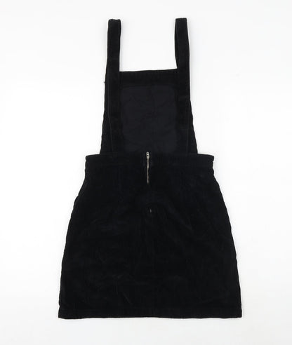 Topshop Womens Black 100% Cotton Pinafore/Dungaree Dress Size 4 Square Neck Button