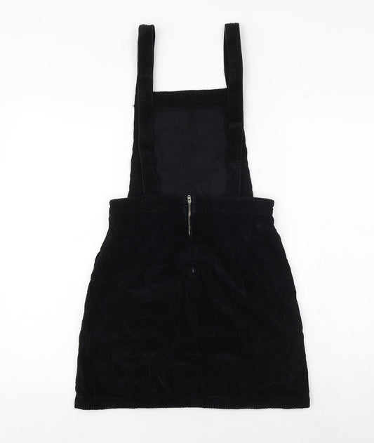 Topshop Womens Black 100% Cotton Pinafore/Dungaree Dress Size 4 Square Neck Button