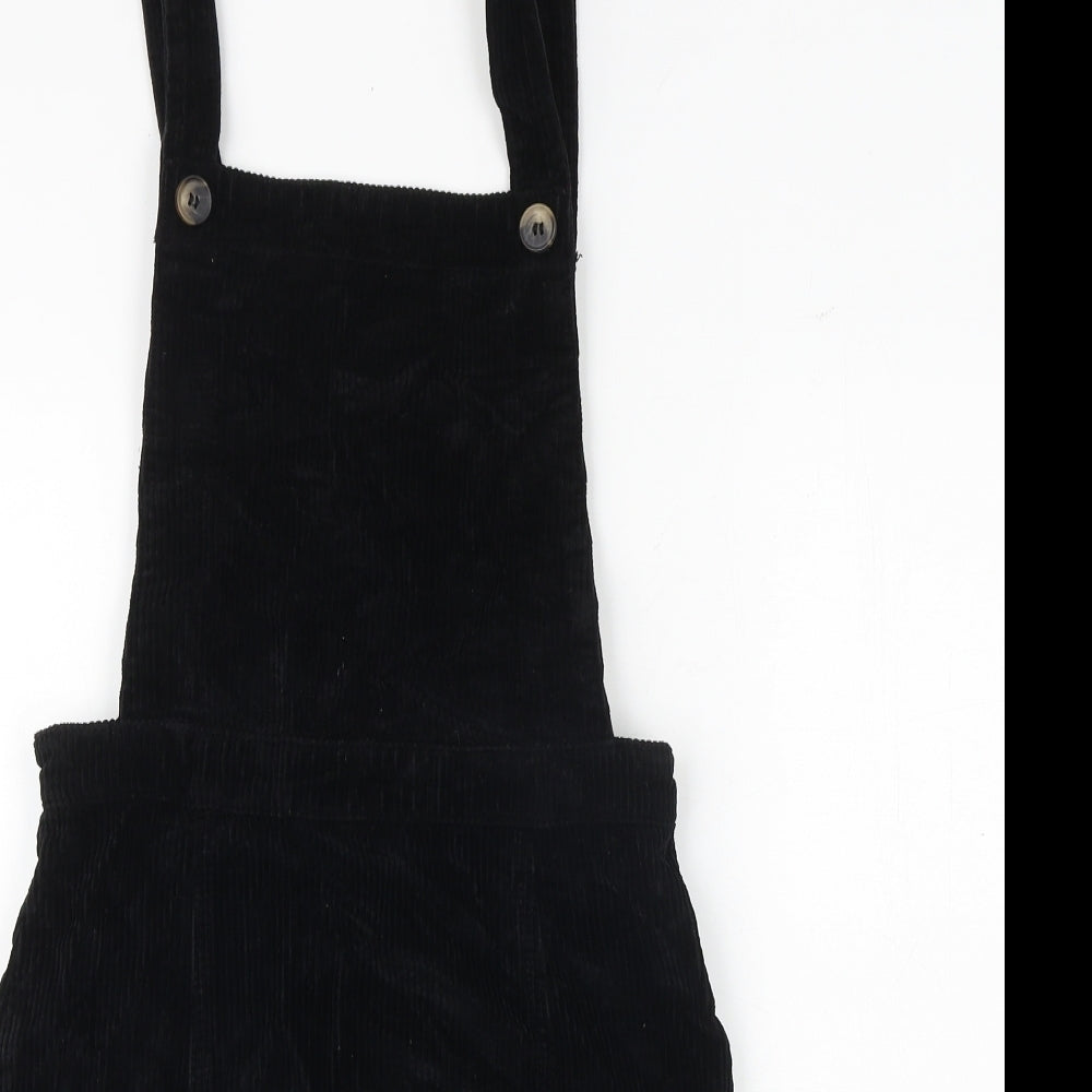 Topshop Womens Black 100% Cotton Pinafore/Dungaree Dress Size 4 Square Neck Button