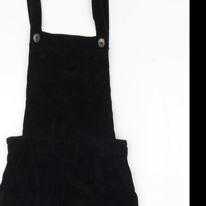 Topshop Womens Black 100% Cotton Pinafore/Dungaree Dress Size 4 Square Neck Button