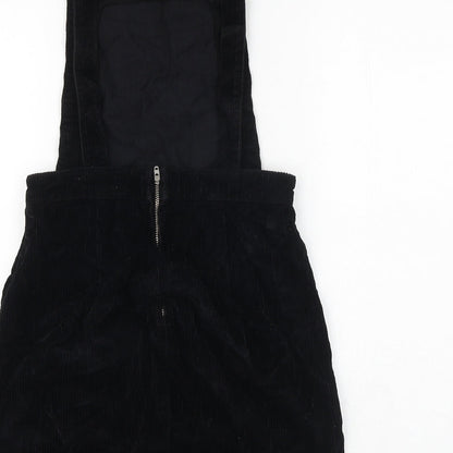 Topshop Womens Black 100% Cotton Pinafore/Dungaree Dress Size 4 Square Neck Button