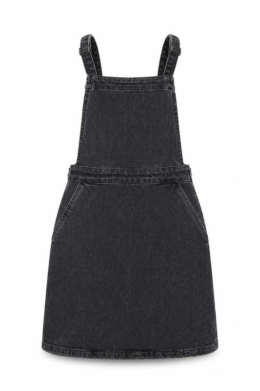 Front view of ASOS women’s grey 100% cotton pinafore/dungaree dress, size UK 6, square neck zip