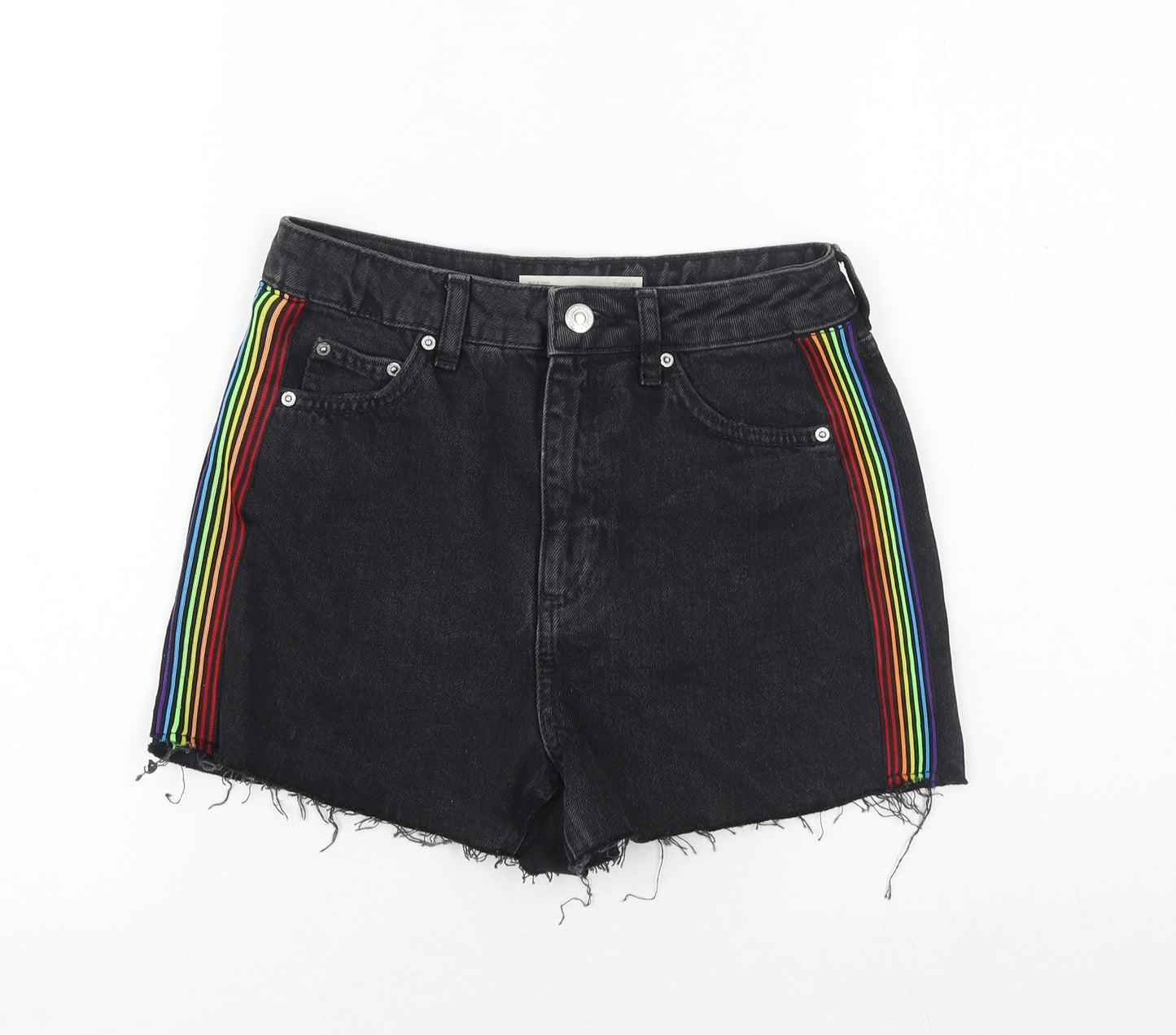 Topshop Womens Black Cotton Cut-Off Shorts Size 6 Regular Zip - Side Stripe Detail