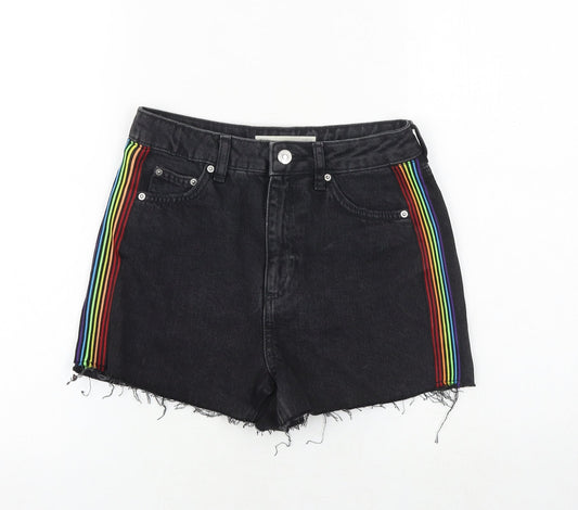 Topshop Womens Black Cotton Cut-Off Shorts Size 6 Regular Zip - Side Stripe Detail