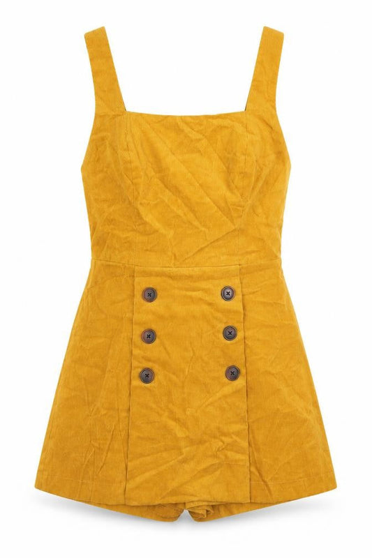 Front view of BDG women’s yellow cotton playsuit one-piece, size M, button