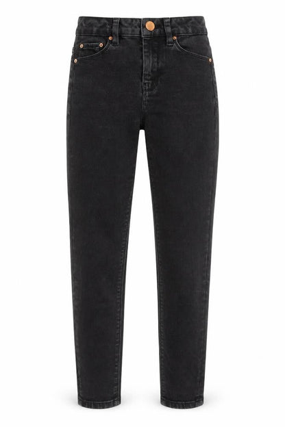 Front view of ASOS women’s black cotton skinny jeans, size UK 23, in, 28-inch leg regular zip
