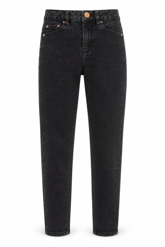 Front view of ASOS women’s black cotton skinny jeans, size UK 23, in, 28-inch leg regular zip