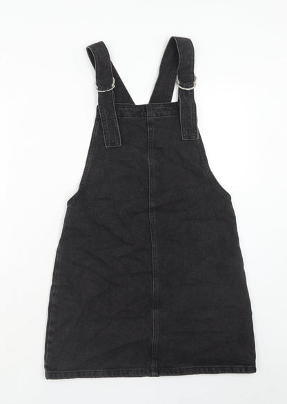Topshop Womens Black Cotton Pinafore/Dungaree Dress Size 6 Square Neck Button