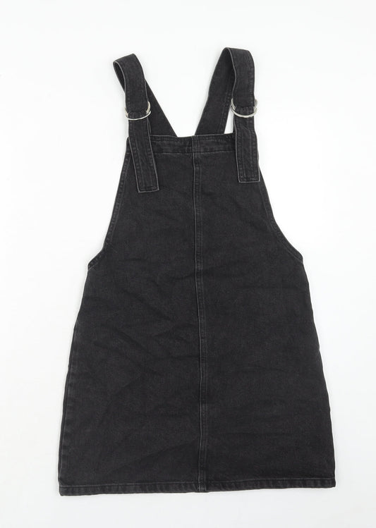 Topshop Womens Black Cotton Pinafore/Dungaree Dress Size 6 Square Neck Button