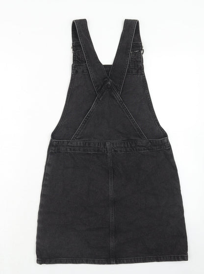 Topshop Womens Black Cotton Pinafore/Dungaree Dress Size 6 Square Neck Button