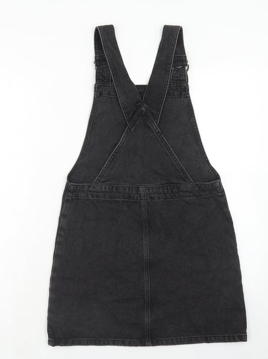 Topshop Womens Black Cotton Pinafore/Dungaree Dress Size 6 Square Neck Button