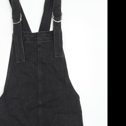 Topshop Womens Black Cotton Pinafore/Dungaree Dress Size 6 Square Neck Button
