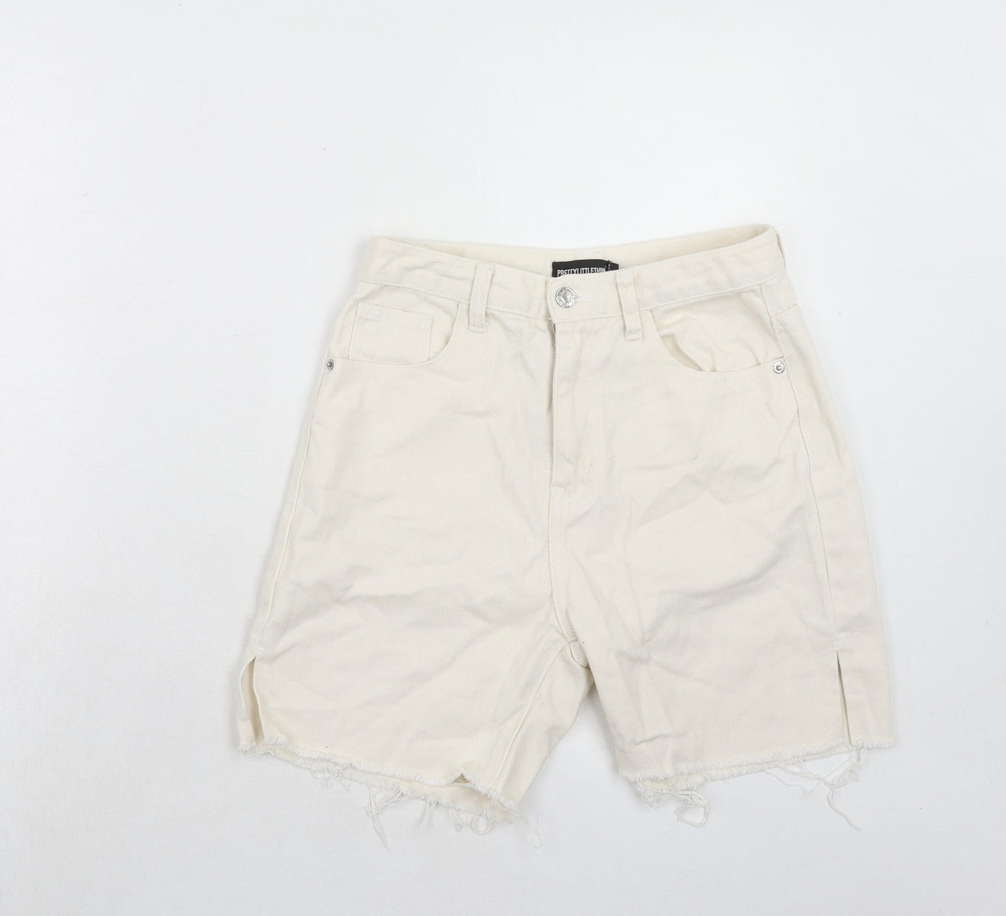 PRETTYLITTLETHING Womens Ivory Cotton Boyfriend Shorts Size 6 Regular Zip - Frayed Hem