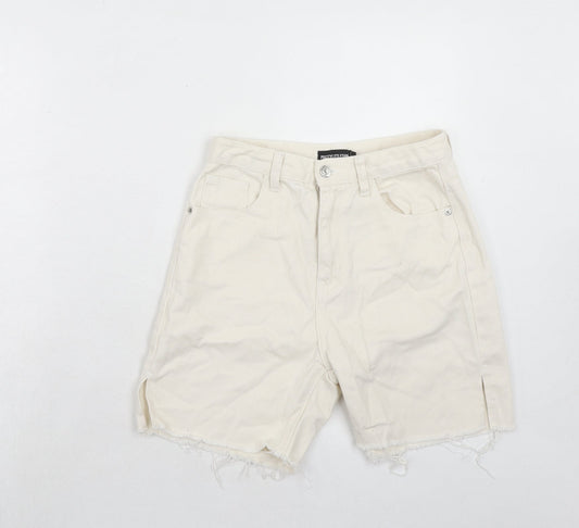 PRETTYLITTLETHING Womens Ivory Cotton Boyfriend Shorts Size 6 Regular Zip - Frayed Hem