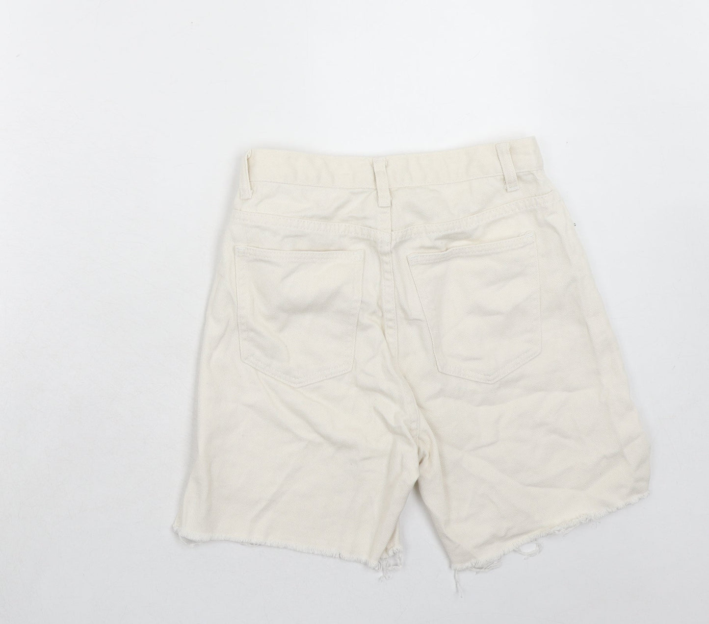 PRETTYLITTLETHING Womens Ivory Cotton Boyfriend Shorts Size 6 Regular Zip - Frayed Hem