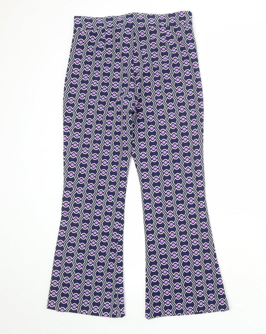 Zara Womens Blue Geometric Polyester Trousers Size M Regular Zip