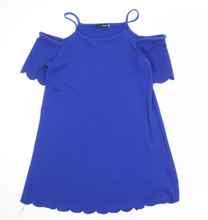 Select Womens Blue Polyester A-Line Size 14 Round Neck Pullover - Cold Shoulder