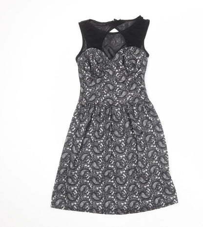 Topshop Womens Black Geometric Cotton Skater Dress Size 6 Round Neck Zip