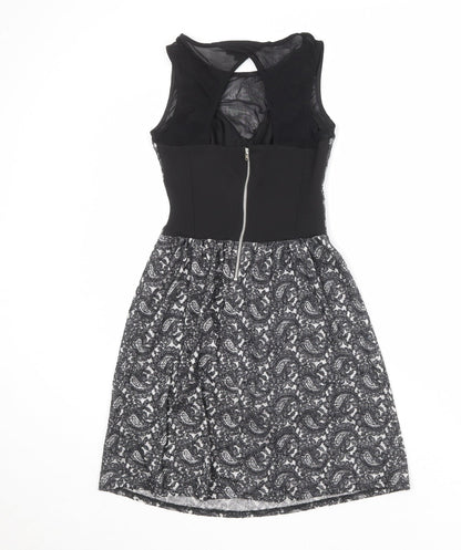 Topshop Womens Black Geometric Cotton Skater Dress Size 6 Round Neck Zip