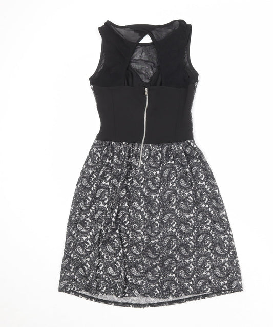 Topshop Womens Black Geometric Cotton Skater Dress Size 6 Round Neck Zip