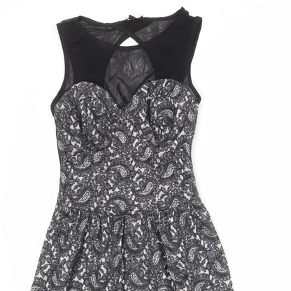 Topshop Womens Black Geometric Cotton Skater Dress Size 6 Round Neck Zip