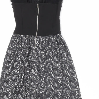 Topshop Womens Black Geometric Cotton Skater Dress Size 6 Round Neck Zip