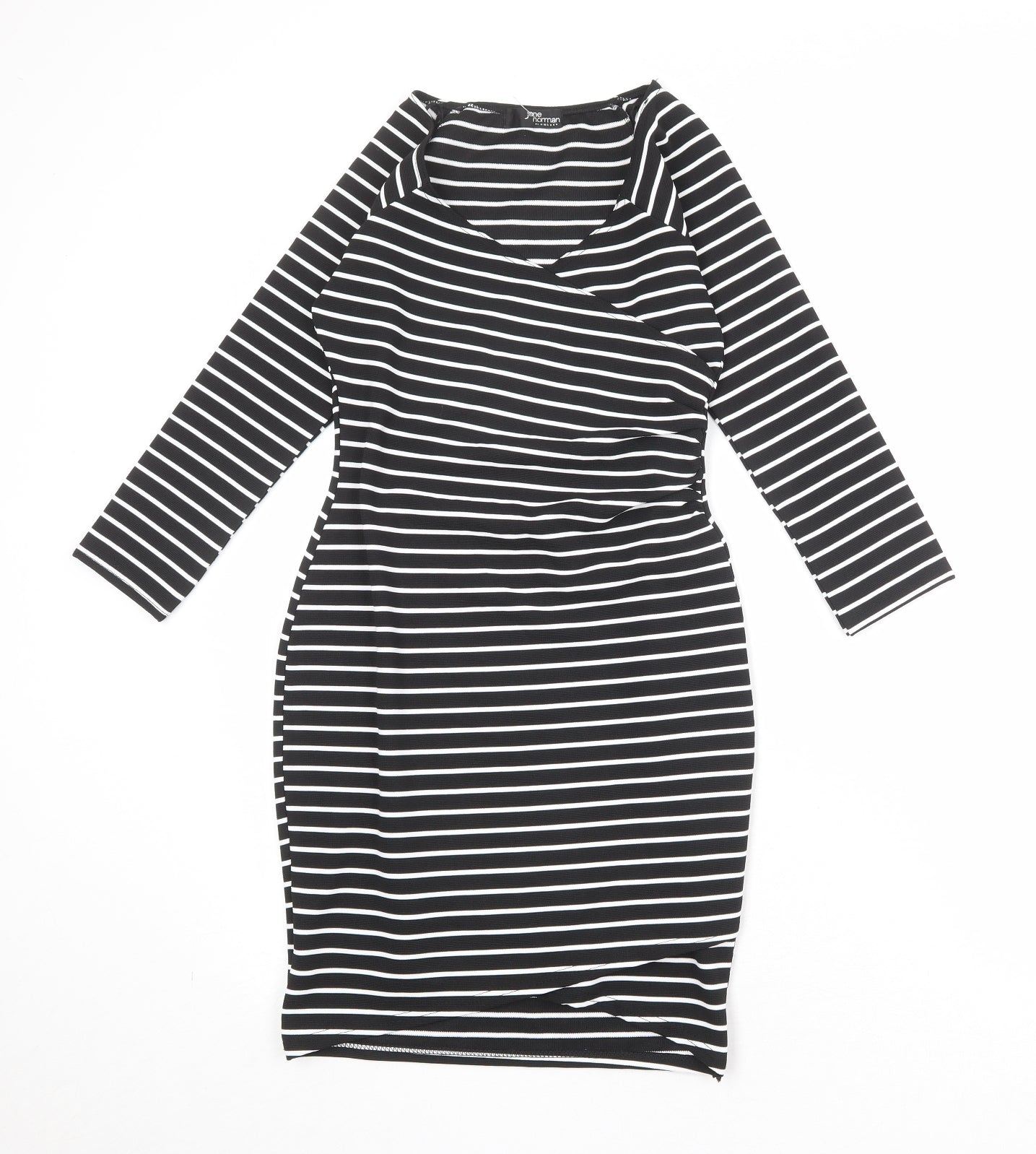 Jane Norman Womens Black Striped Polyester Shift Size 6 V-Neck Pullover