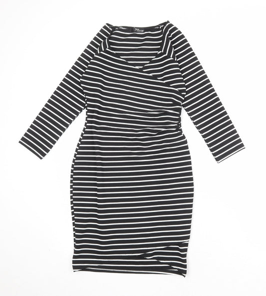 Jane Norman Womens Black Striped Polyester Shift Size 6 V-Neck Pullover