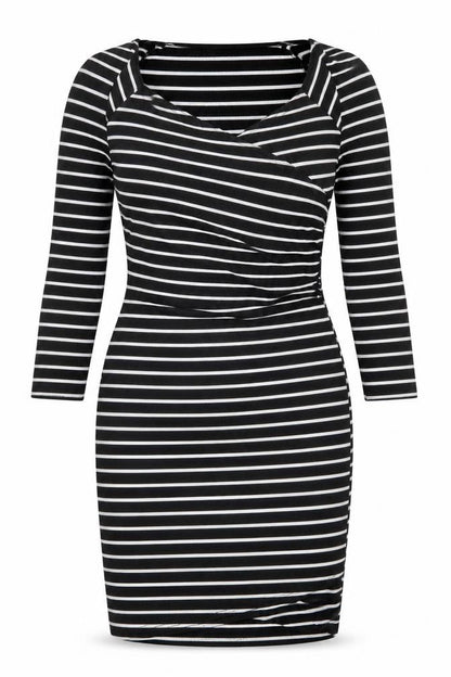 Jane Norman Womens Black Striped Polyester Shift Size 6 V-Neck Pullover
