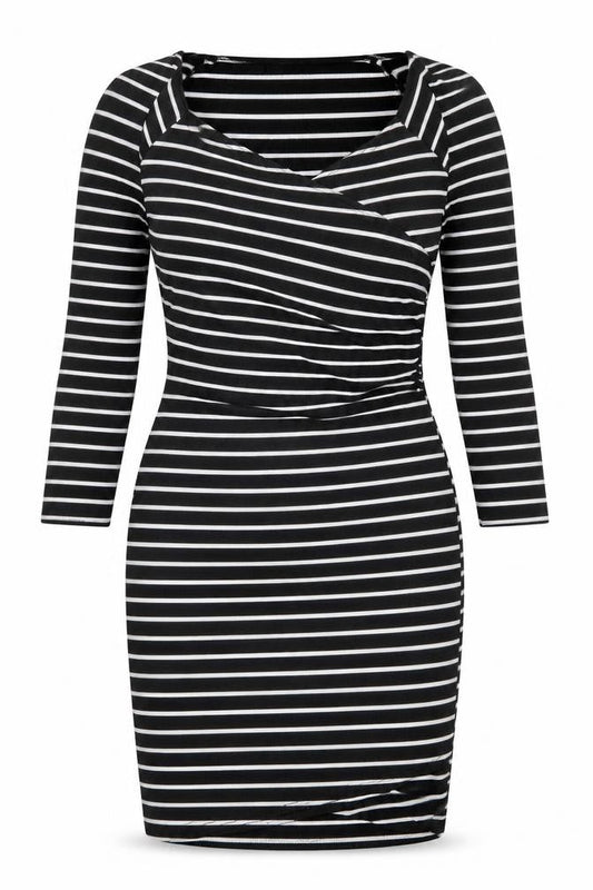 Jane Norman Womens Black Striped Polyester Shift Size 6 V-Neck Pullover