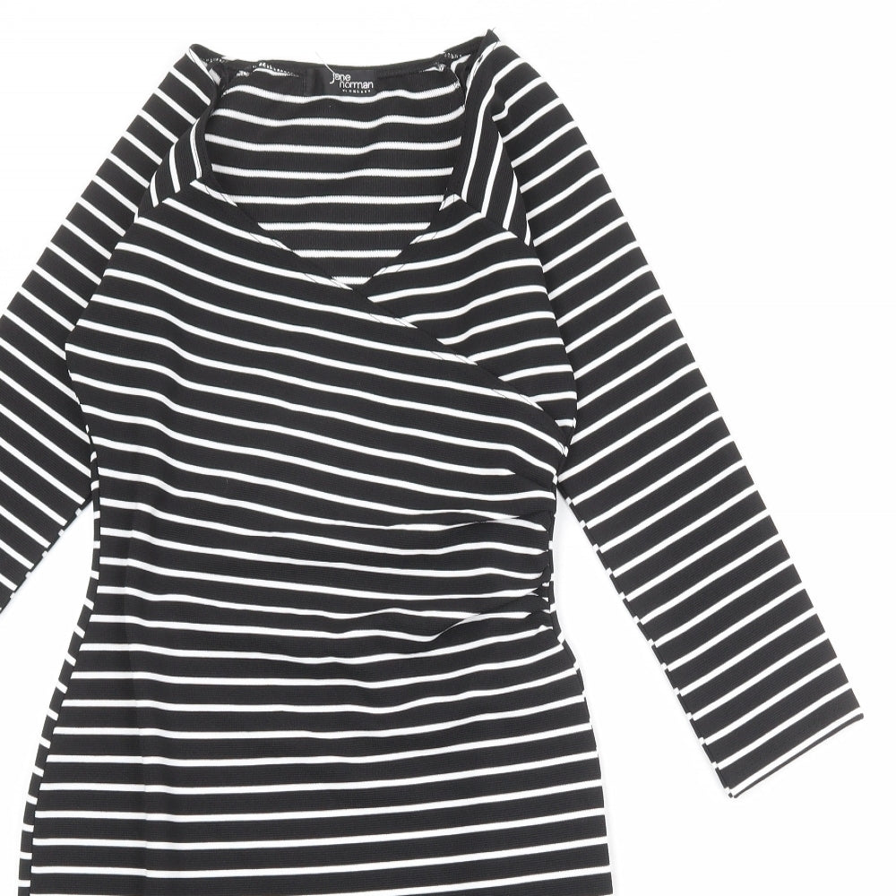 Jane Norman Womens Black Striped Polyester Shift Size 6 V-Neck Pullover
