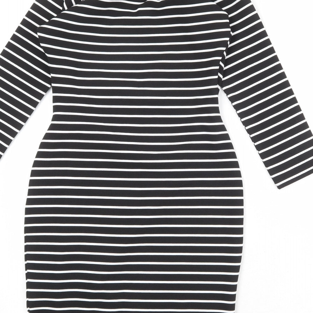 Jane Norman Womens Black Striped Polyester Shift Size 6 V-Neck Pullover