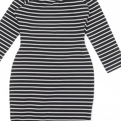 Jane Norman Womens Black Striped Polyester Shift Size 6 V-Neck Pullover