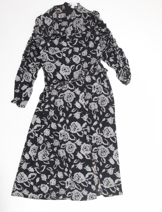 Topshop Womens Black Floral Polyester A-Line Size 10 Round Neck Zip