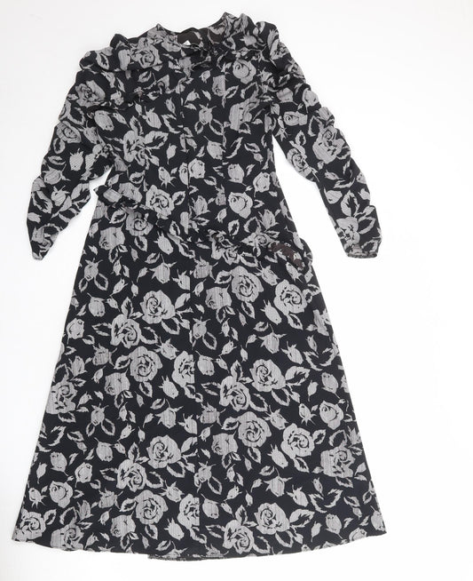 Topshop Womens Black Floral Polyester A-Line Size 10 Round Neck Zip