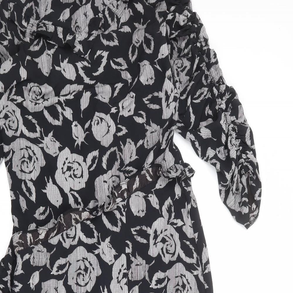 Topshop Womens Black Floral Polyester A-Line Size 10 Round Neck Zip