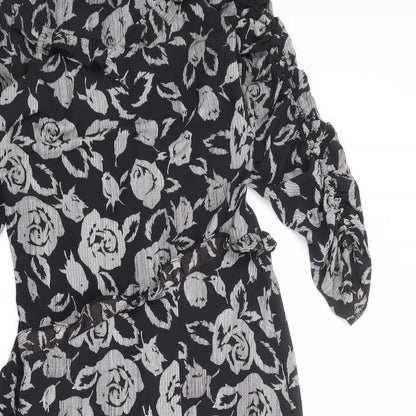 Topshop Womens Black Floral Polyester A-Line Size 10 Round Neck Zip