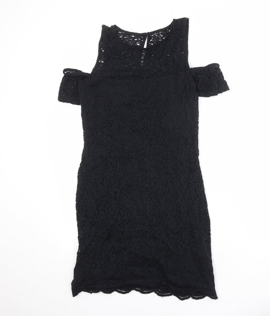 Hollister Womens Black Nylon Mini Size L Round Neck Button - Broderie Anglaise, Cold Shoulder